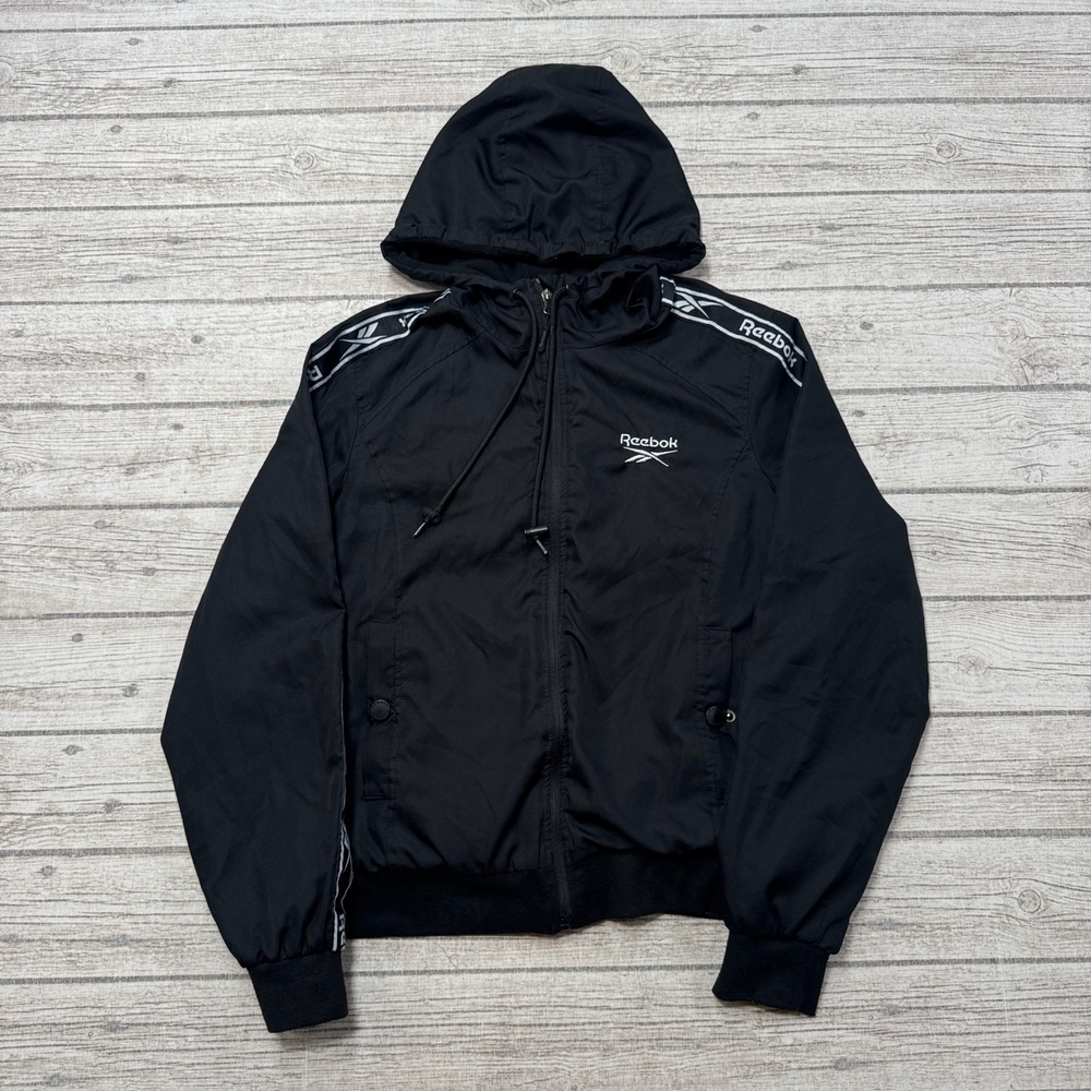 Reebok Jacket Women's M Black Logo Tape Hooded Fleece Lined Athletic Windbreaker